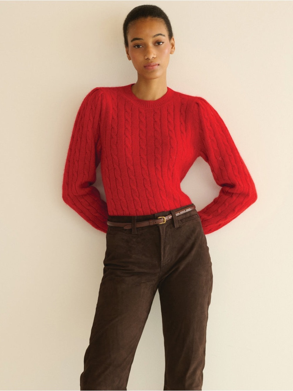 Doen Red Lindon Cable-Knit Crewneck Sweater in Cerise